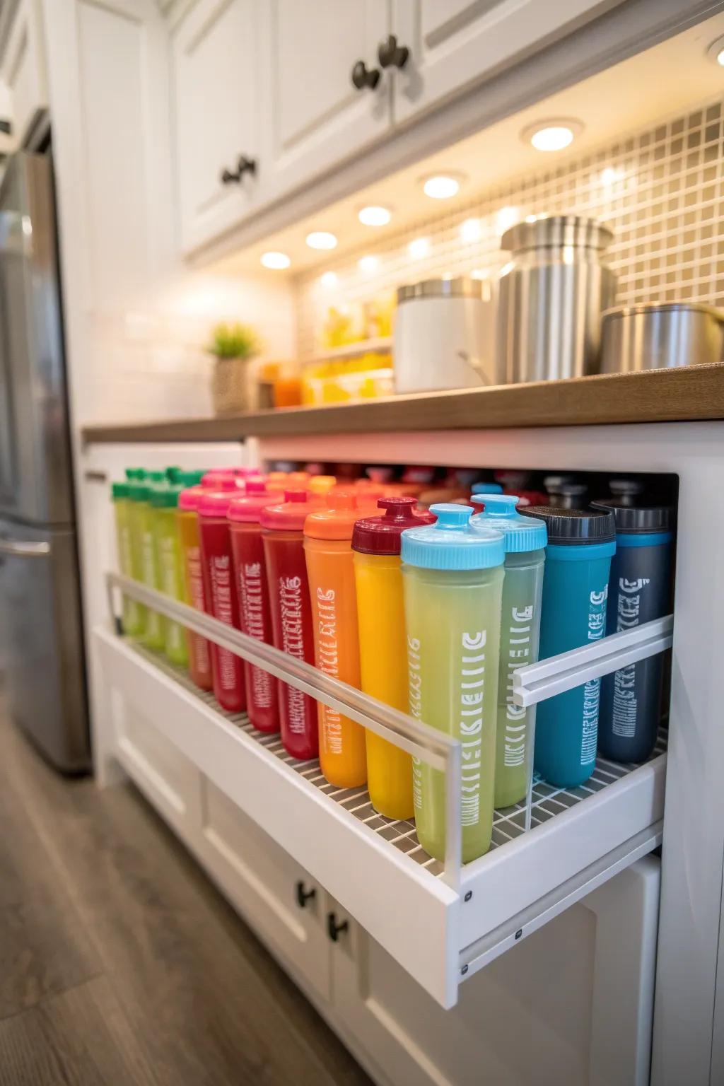 A dedicated compact storage unit for shaker bottles in the kitchen.