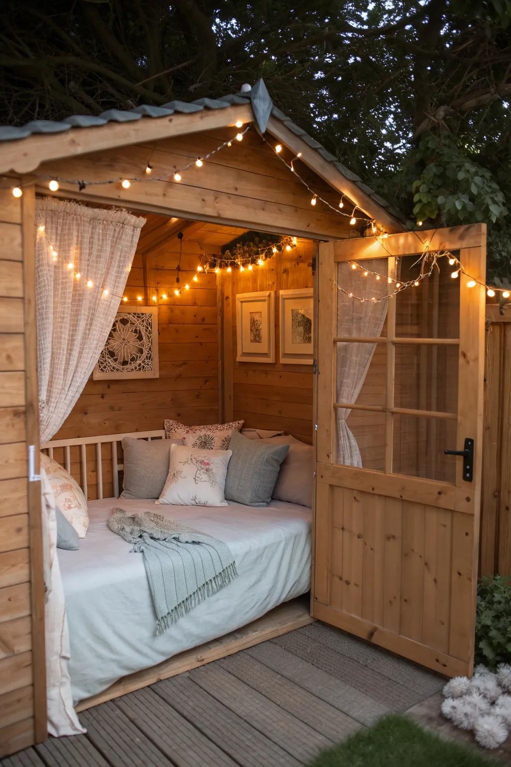 Transform your shed into a charming retreat with this cozy mini guest room setup.