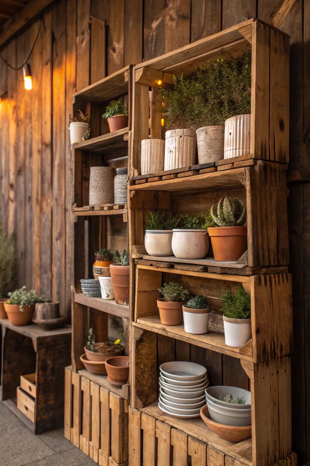 Craft your space with rustic charm: DIY Crate Shelving for the modern craftsman.