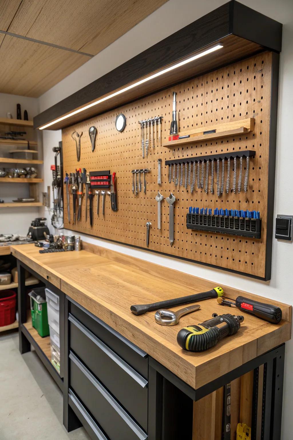 Elevate your workshop with a pegboard and magnetic strip combo – where craftsmanship meets convenience. 🛠️✨
