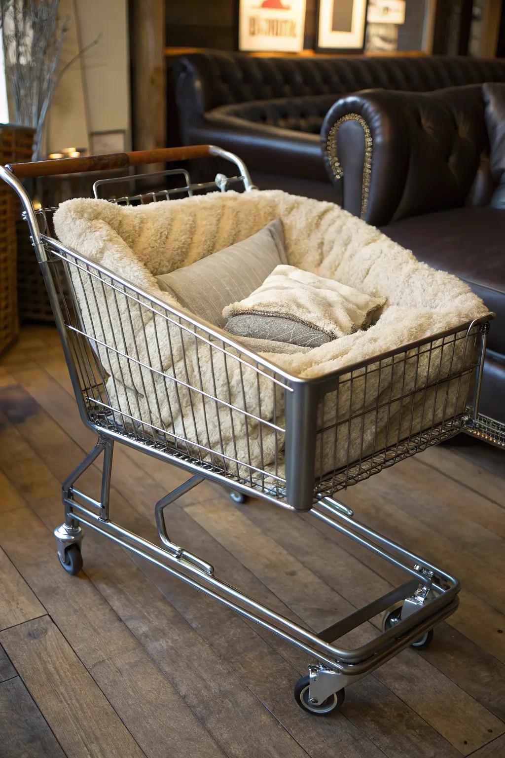 Transform your old shopping cart into a stylish sanctuary for your pet with this upcycled bed project!