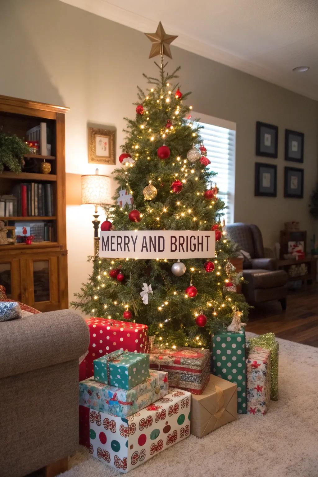 Personalized signs add a unique touch to your Christmas tree decorations.