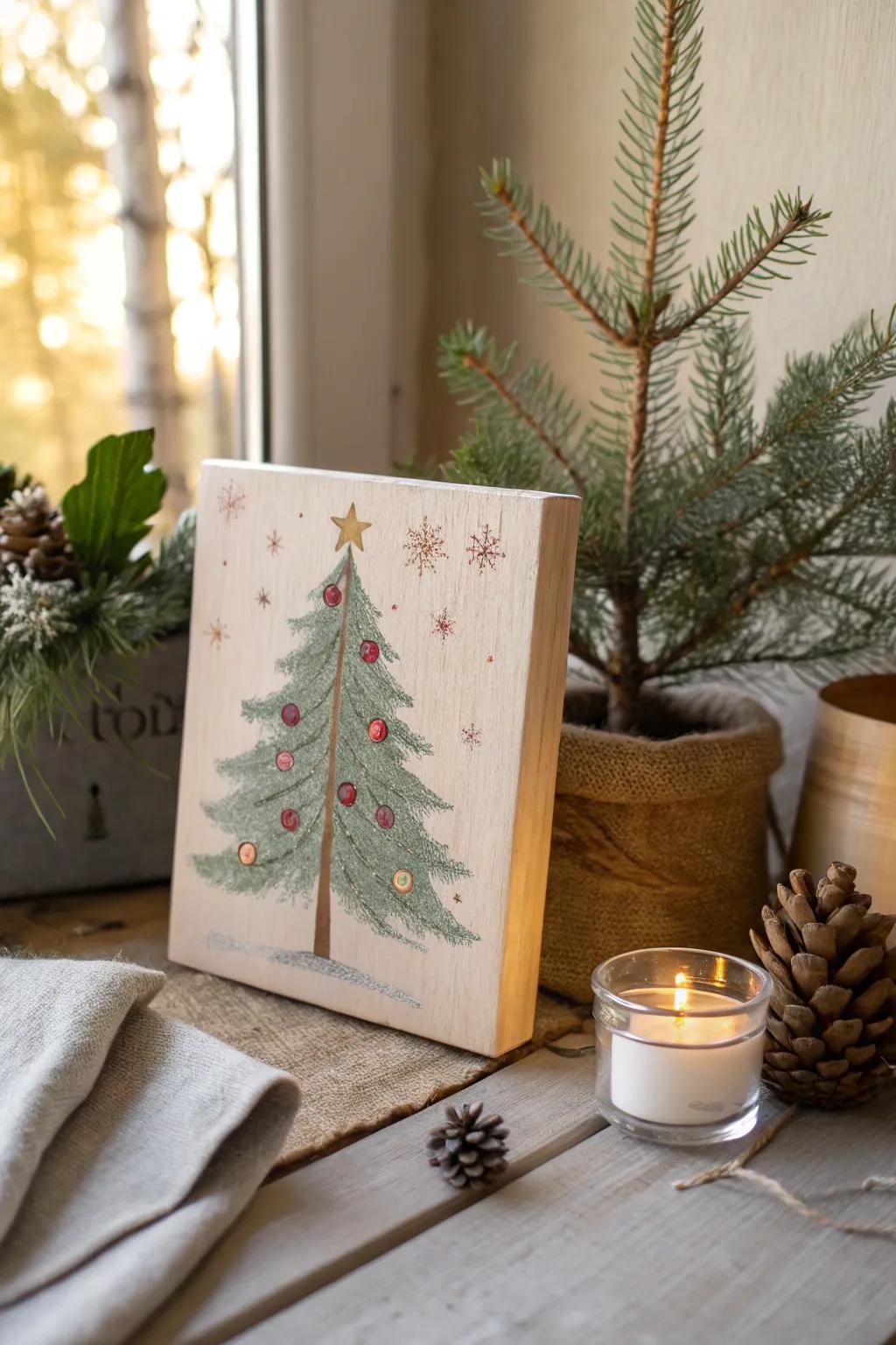 Embrace the festive season with minimalist charm: a rustic Christmas tree painting that sparkles with simplicity and elegance.