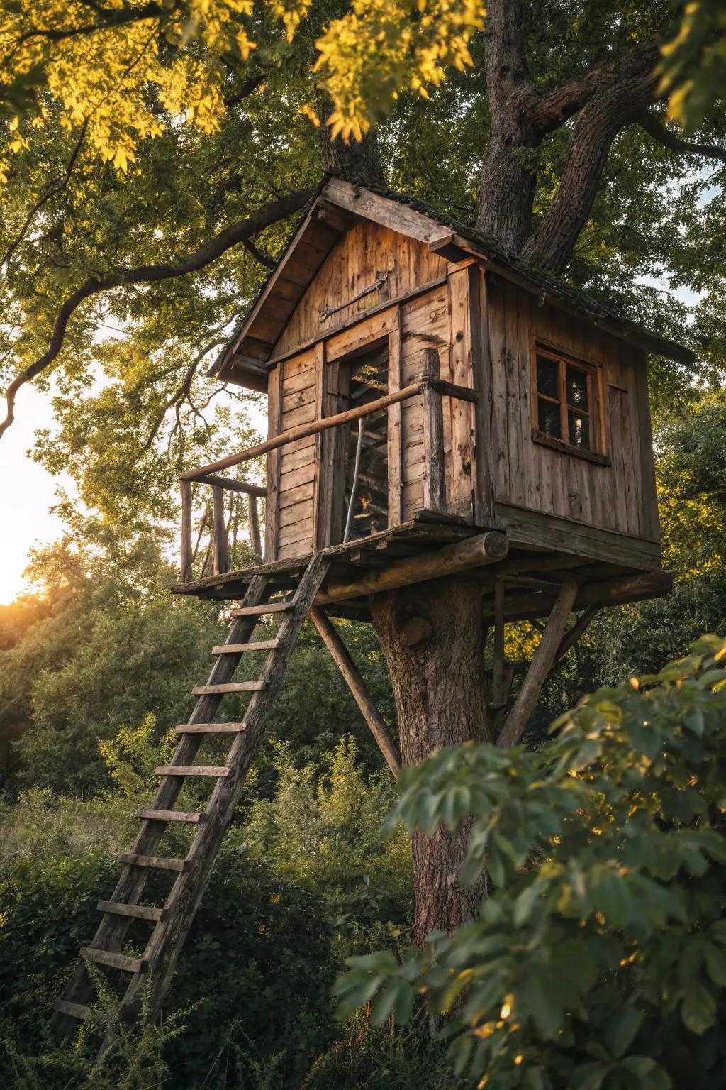 Find solace in nature with a rustic tree house haven, where craftsmanship meets the wild.