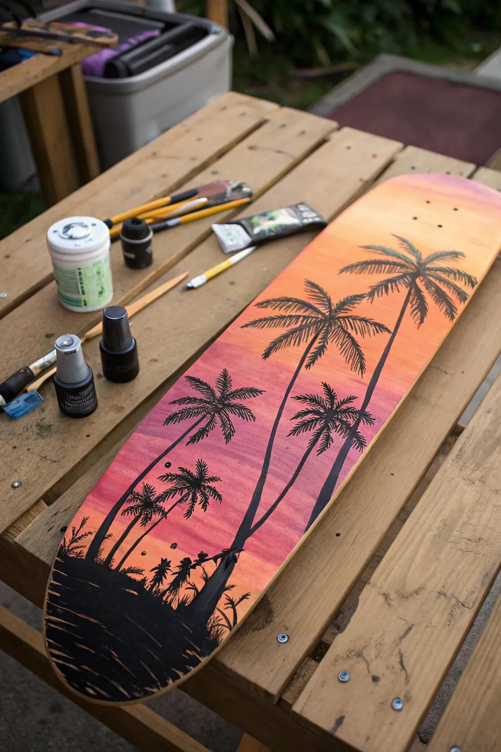 Capture the essence of a tropical sunset with this handcrafted palm tree skateboard design.