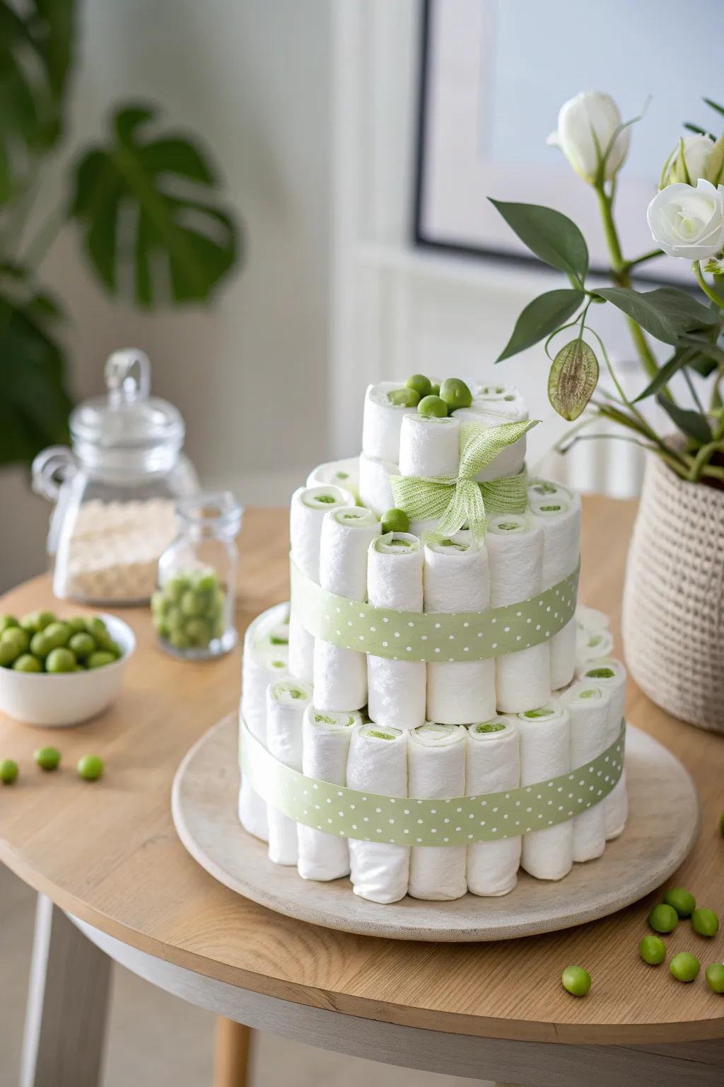 Embrace the charm of simplicity with a 'Sweet Pea' diaper cake, perfect for any baby celebration.