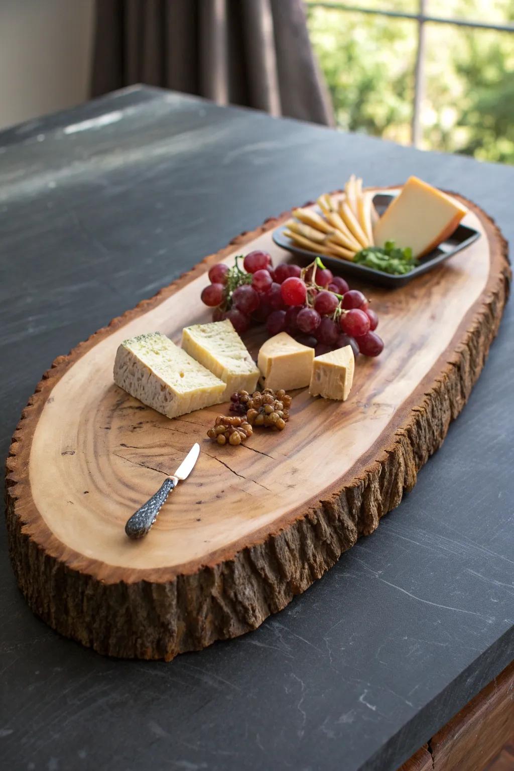 Craftsmanship meets elegance: a rustic log serving tray perfect for gourmet gatherings.