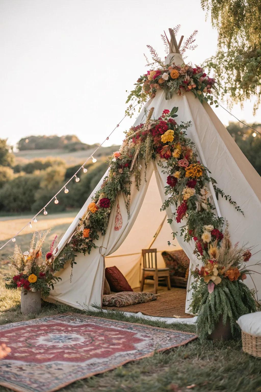 Tent adorned with delightful floral accents.