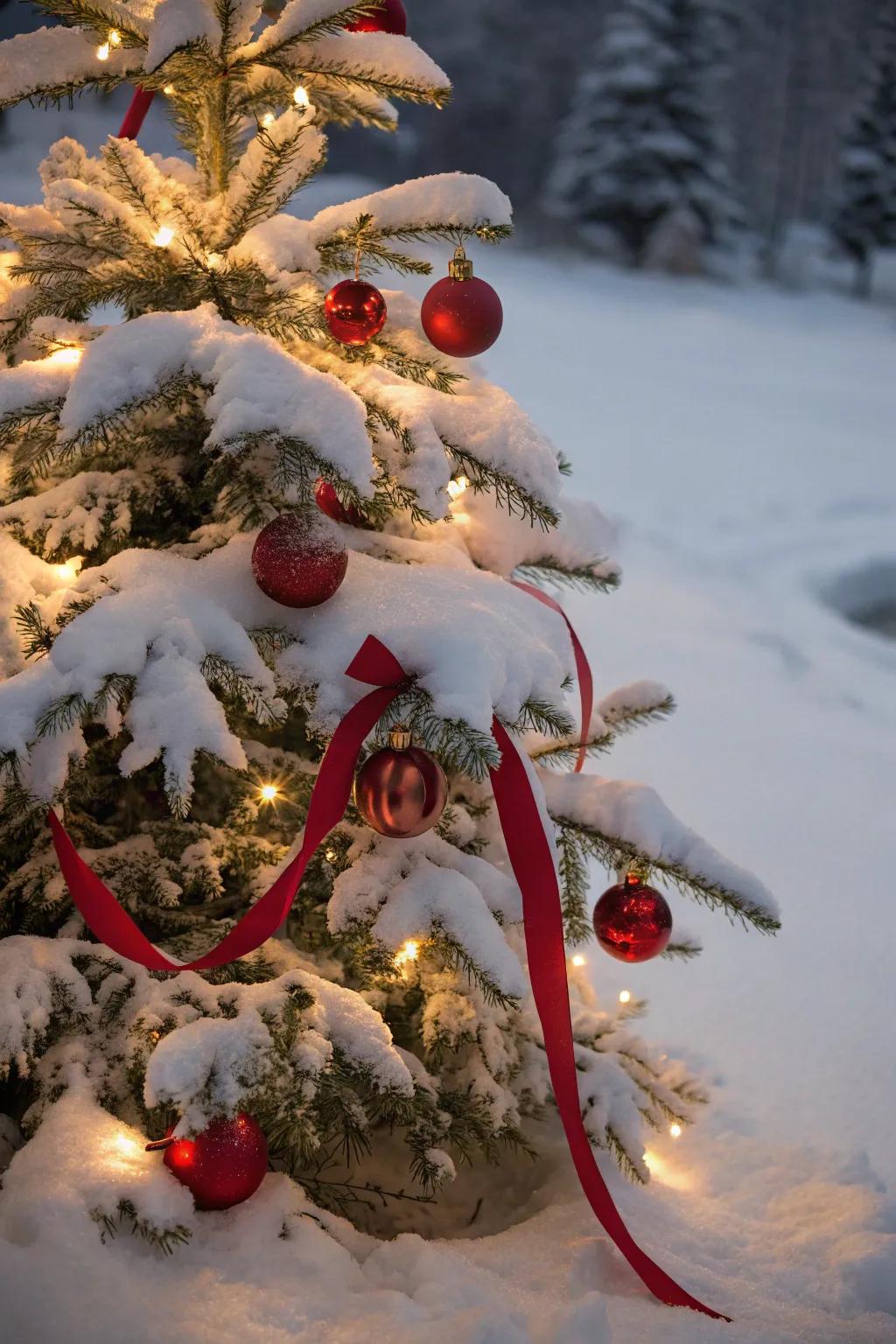 Red accents bring a festive contrast to a snowy Christmas tree.