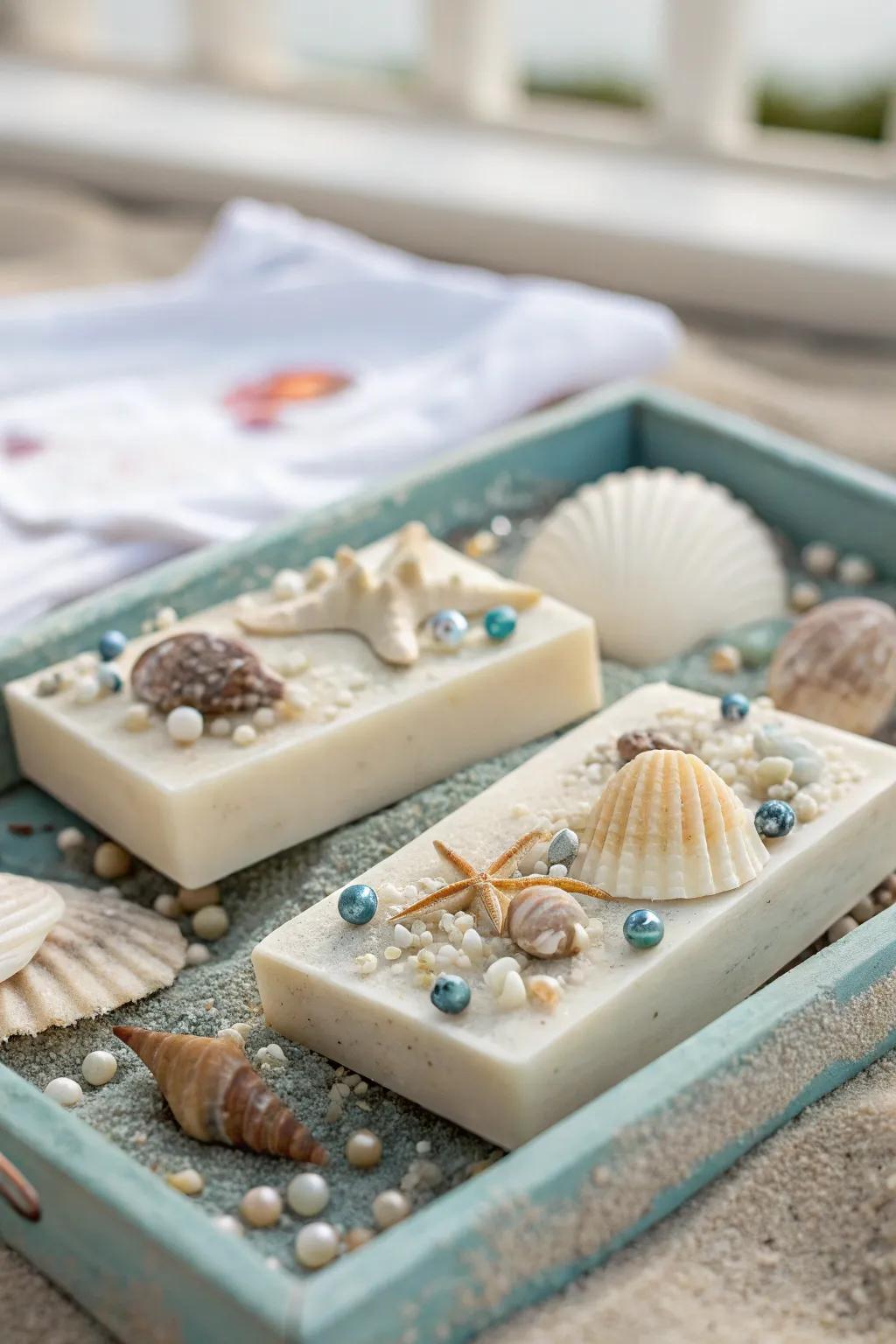 Whimsical soaps with embedded shells, adding a touch of the sea to your bathroom.