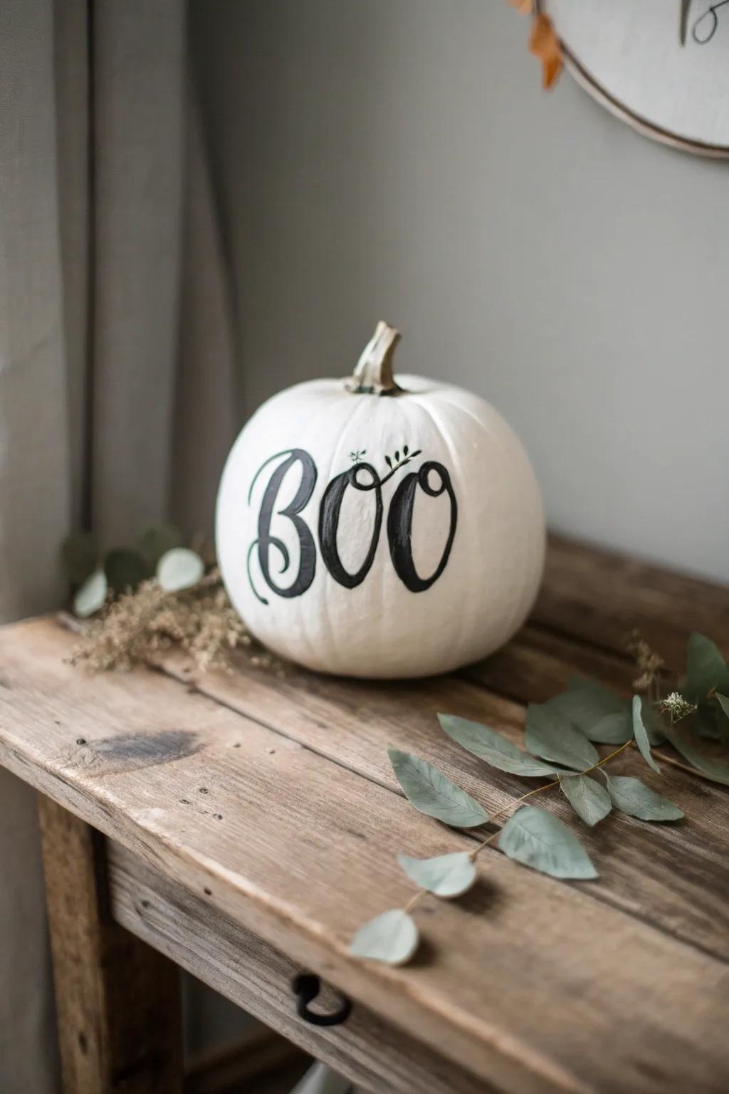 Enchant your space with spellbinding lettering: a minimalist pumpkin that whispers 'Boo' in style.