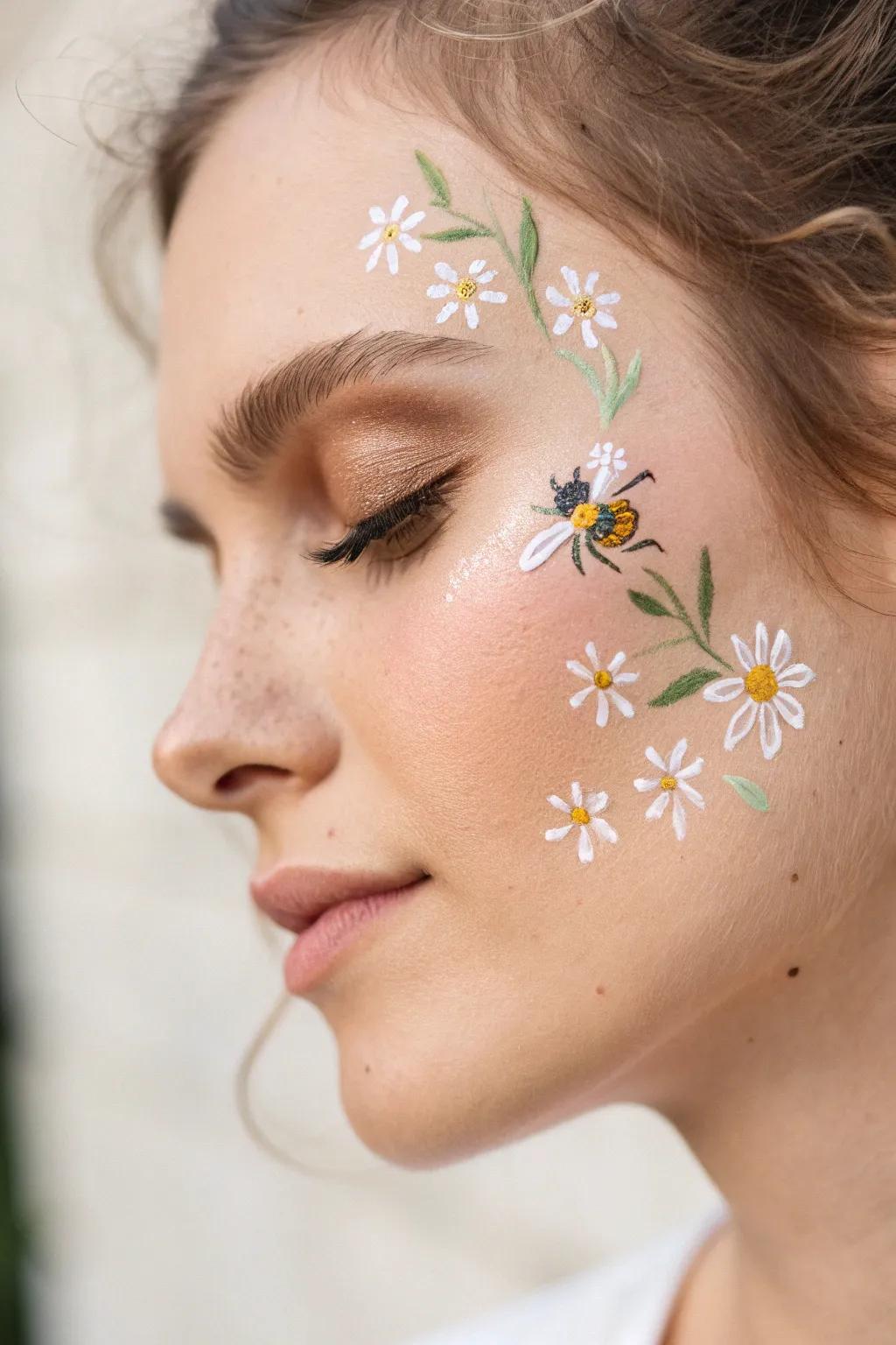 Embrace the buzz of spring with this enchanting bees and blooms face paint design.