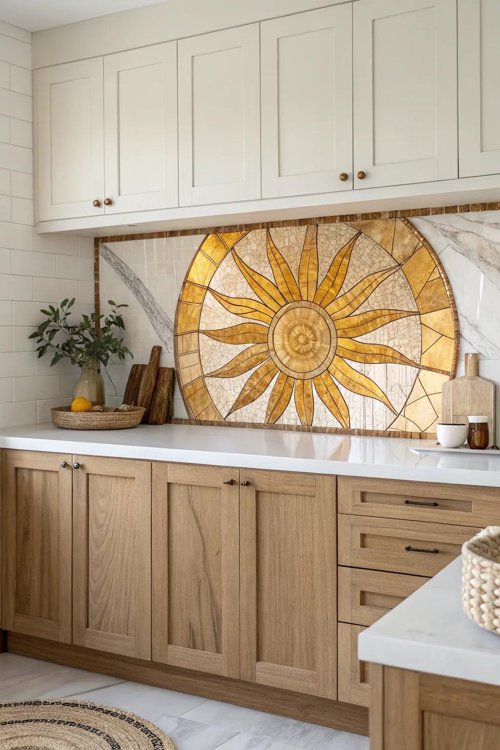 Infuse your kitchen with eternal sunshine through this stunning sun-themed stained glass backsplash.