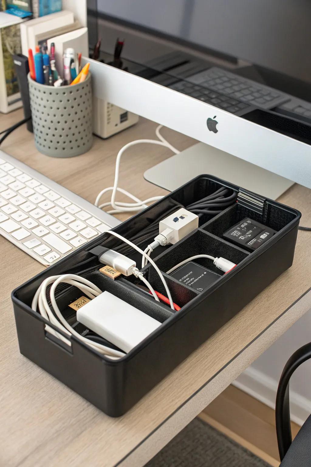 Cable management boxes keep your workspace tidy by concealing bulky components.