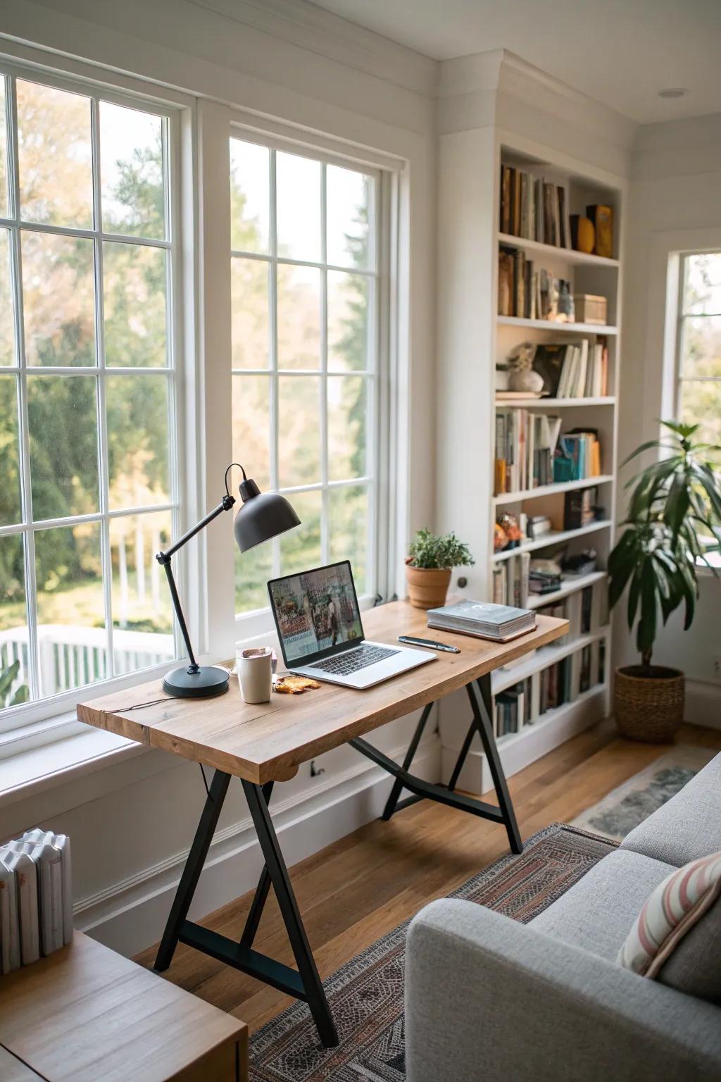 A standing desk setup that embraces natural light for a vibrant workspace.