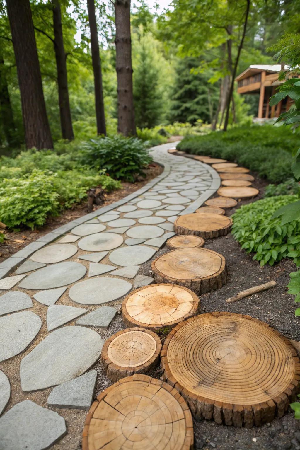 Embrace rustic elegance with a wood and stone walkway, where nature meets craftsmanship.
