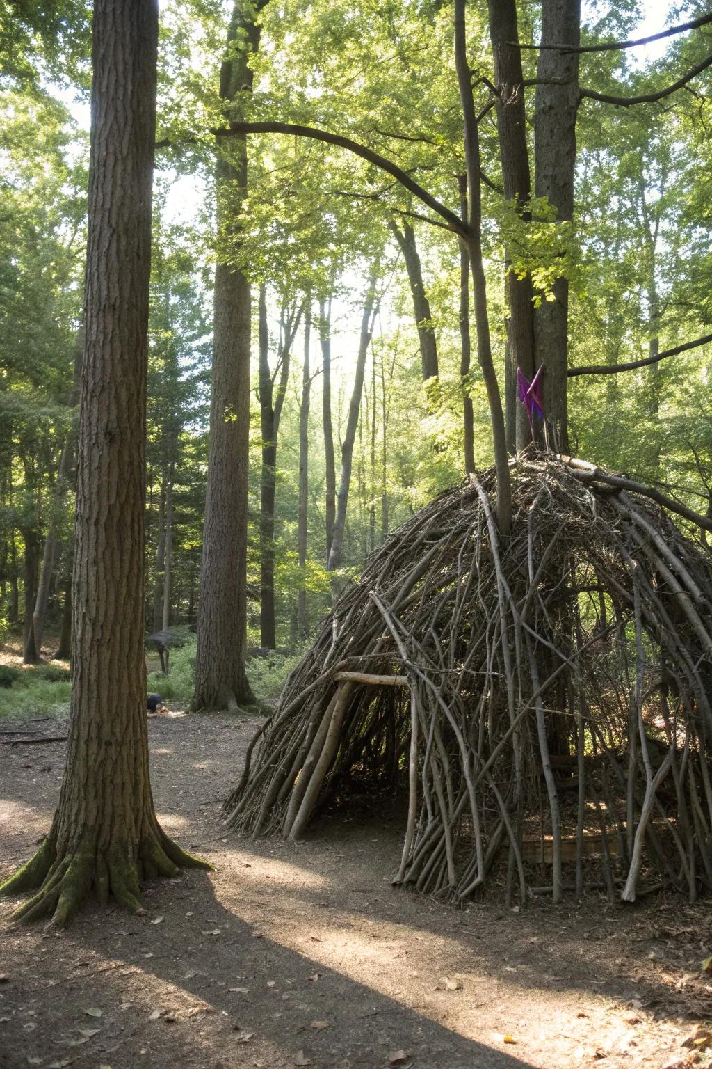 Discover the artistry of nature with this handcrafted dome fort, a perfect woodland retreat.