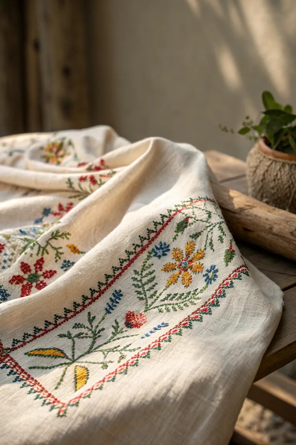 Discover the rustic charm and beauty of embroidery on linen. A perfect blend of craftsmanship and natural elegance.