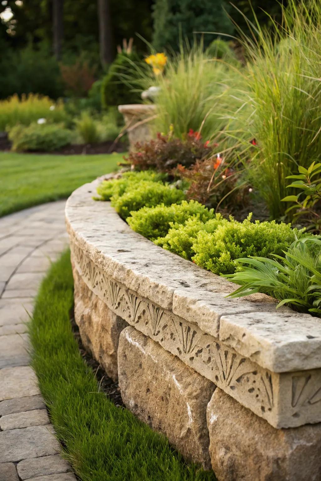 Enhance your garden with expertly crafted stone edging, perfectly paired with vibrant greenery.