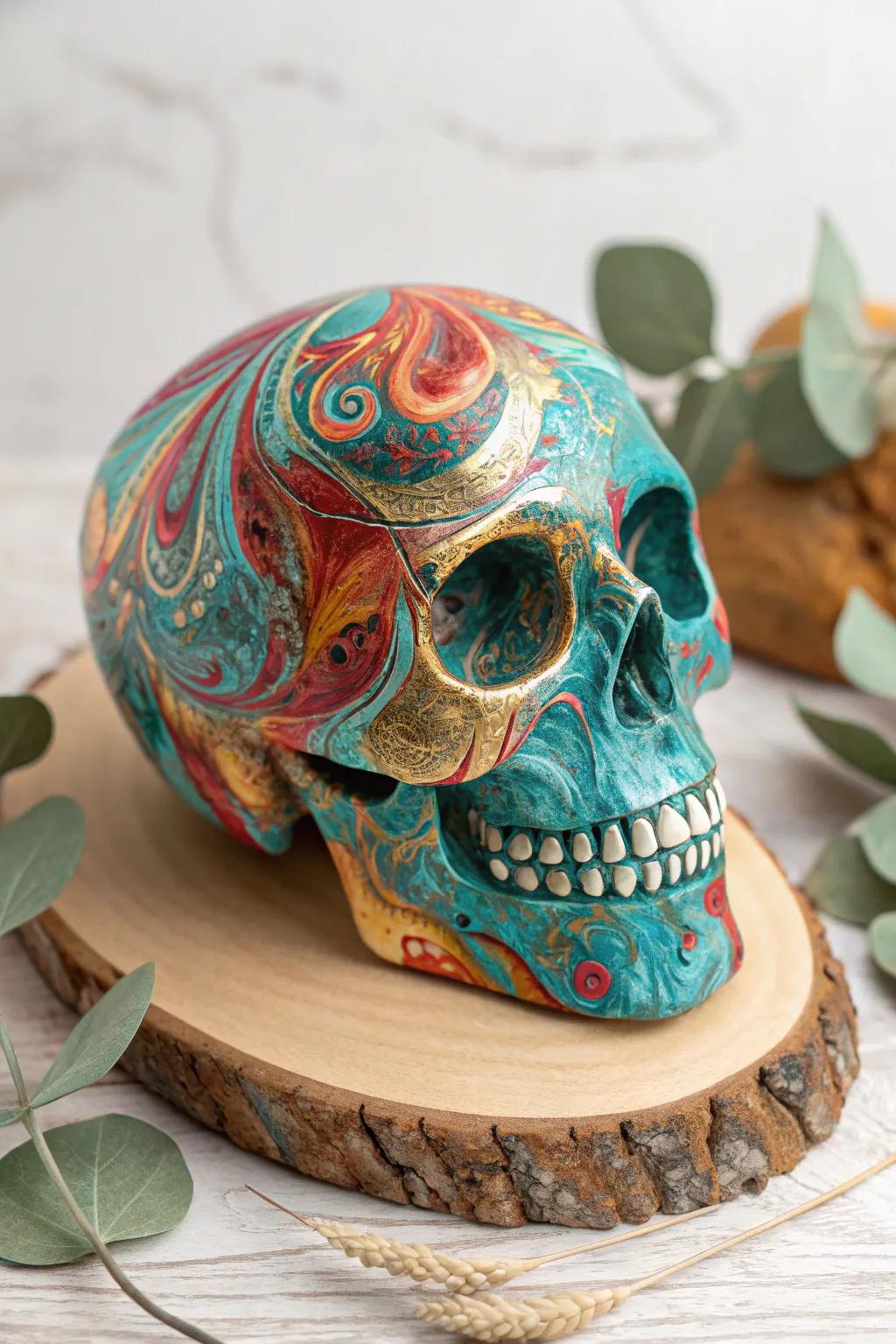 Unleash your creativity with acrylic pour art on sugar skulls – where no two creations are ever alike!