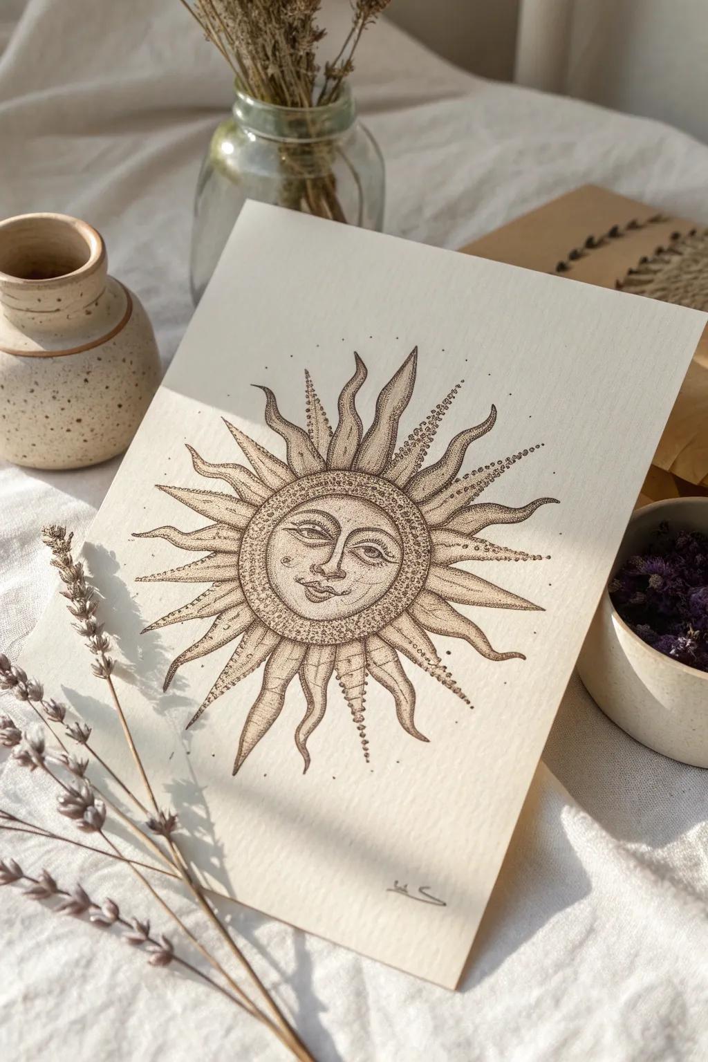 Embrace the artistry of texture with a beautifully shaded sun drawing. Simple yet captivating.
