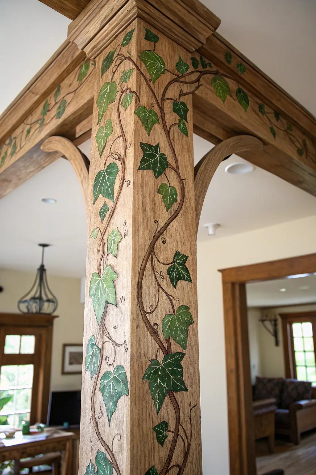 Elevate your space with artistic flair: a vine-adorned beam that brings nature indoors.
