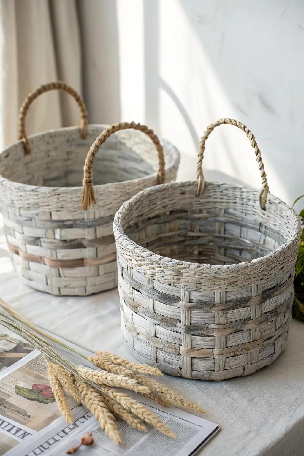 Elegance in sustainability: Transform everyday newspapers into stunning woven baskets with a touch of Boho charm.