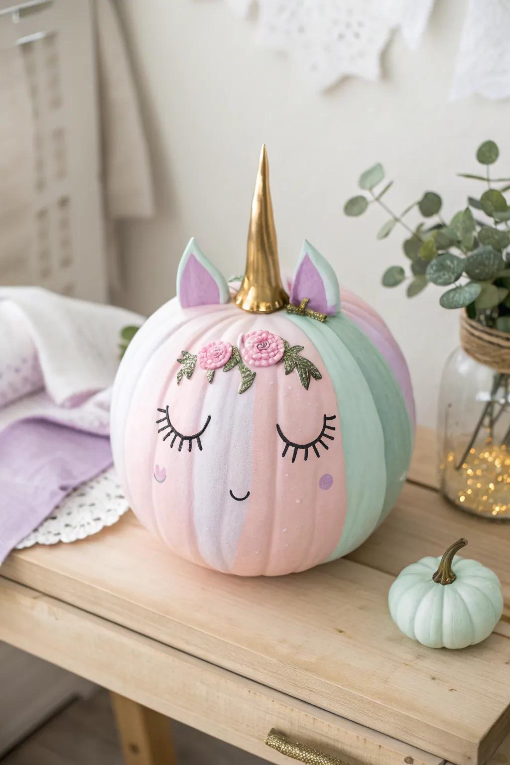 Transform your pumpkin into a magical unicorn with pastel paints and a touch of creativity. #ThanksgivingCrafts #UnicornPumpkin