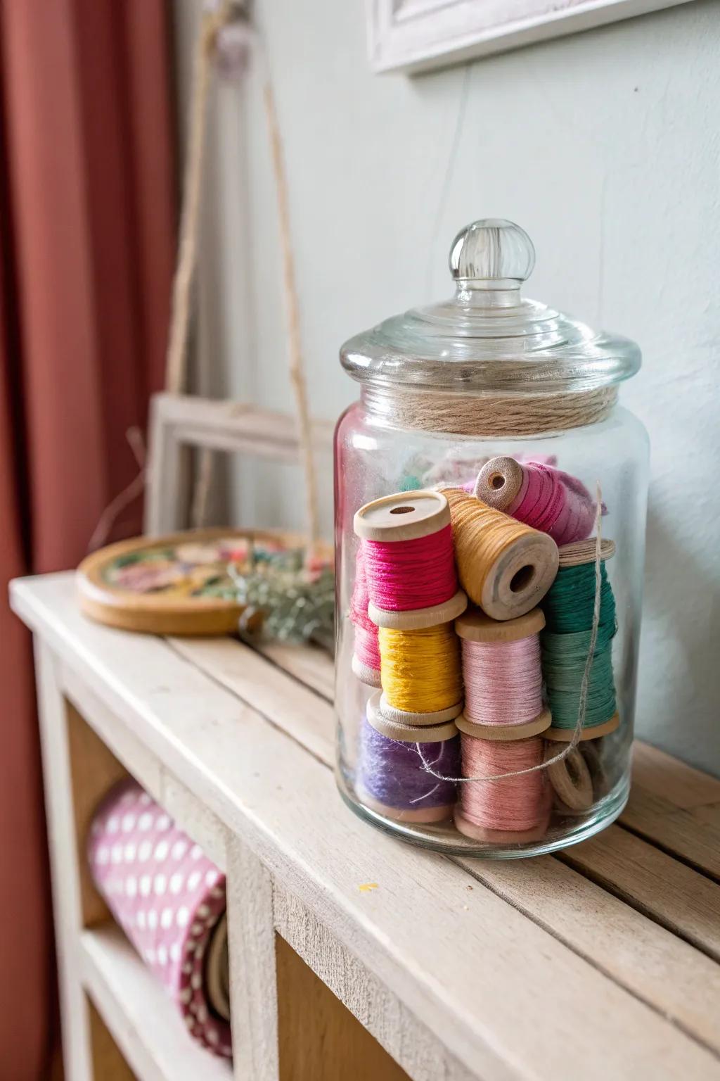 Add a touch of vintage elegance to your craft space with glass jars that beautifully display your threads.