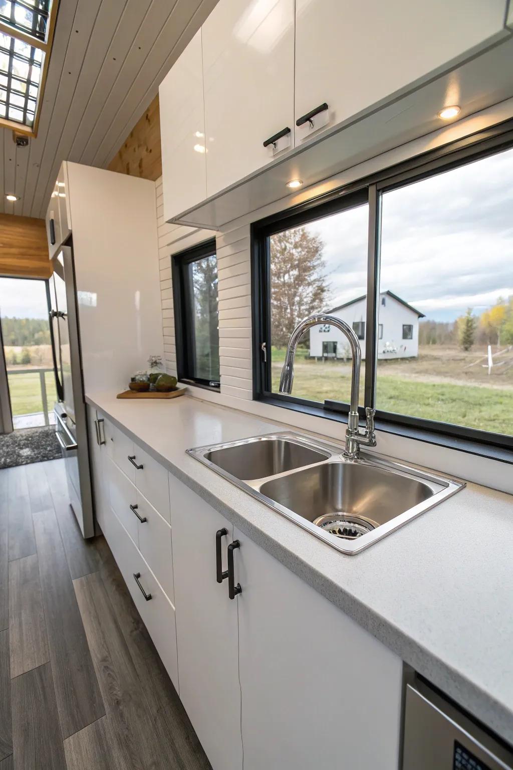 A sleek undermount sink enhancing counter space in a tiny house kitchen.
