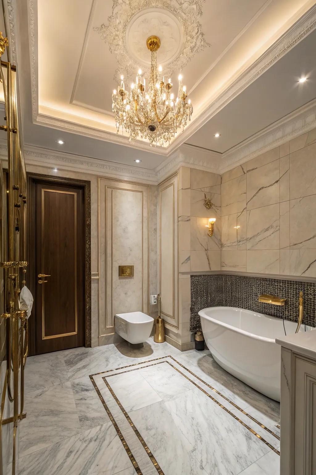 Elegant luxury with a small chandelier in a toilet room.