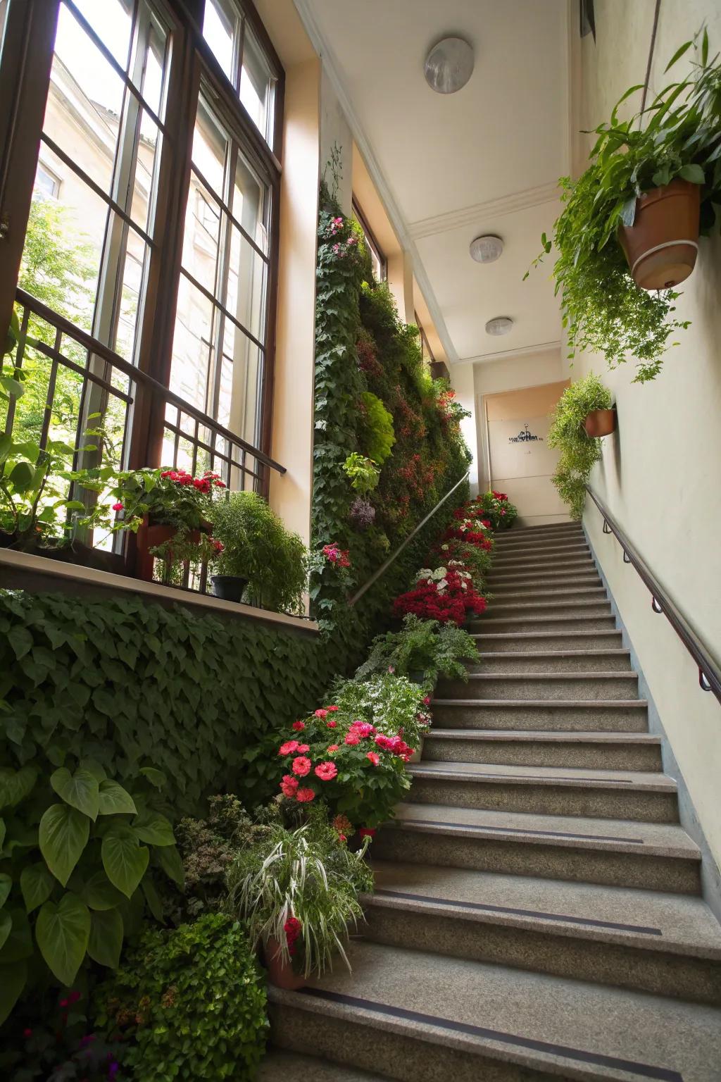 Greenery enhances the staircase with a touch of nature.