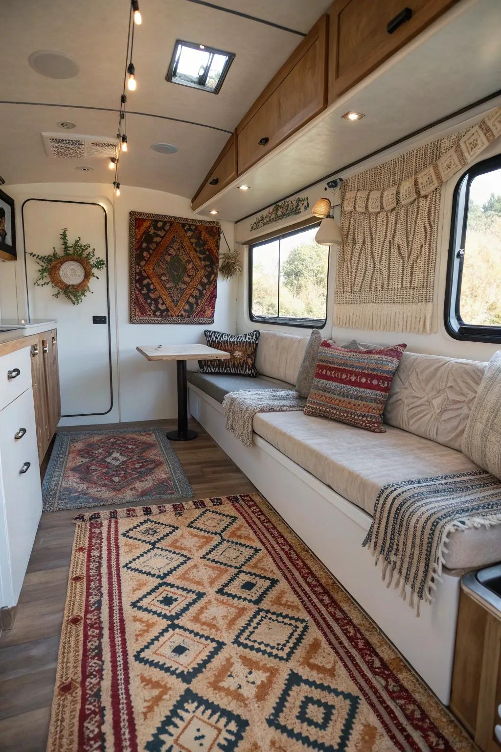 A travel trailer interior featuring patterned rugs and textured wall art for added character.