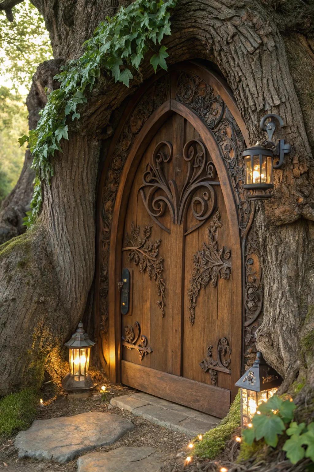 Step into a world of whimsy with this enchanting arched treehouse door.