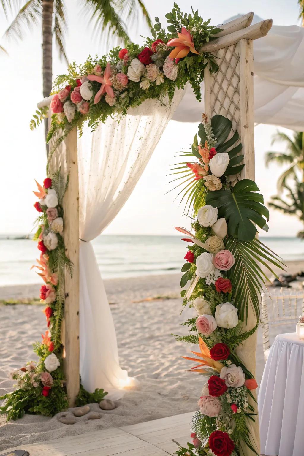 A whimsical arch featuring seashells and tropical elements.