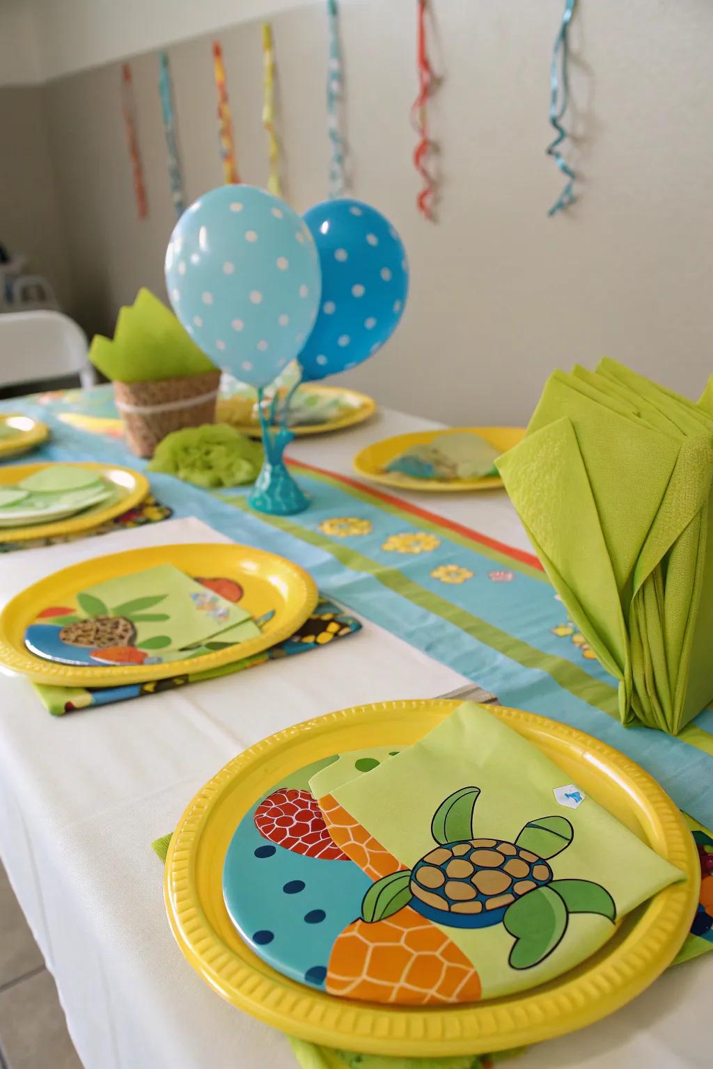 Adorable turtle-themed tableware for a cohesive look.