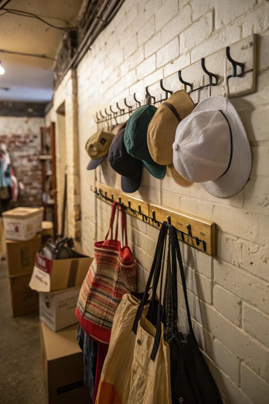 Racks and hooks make great use of wall space.