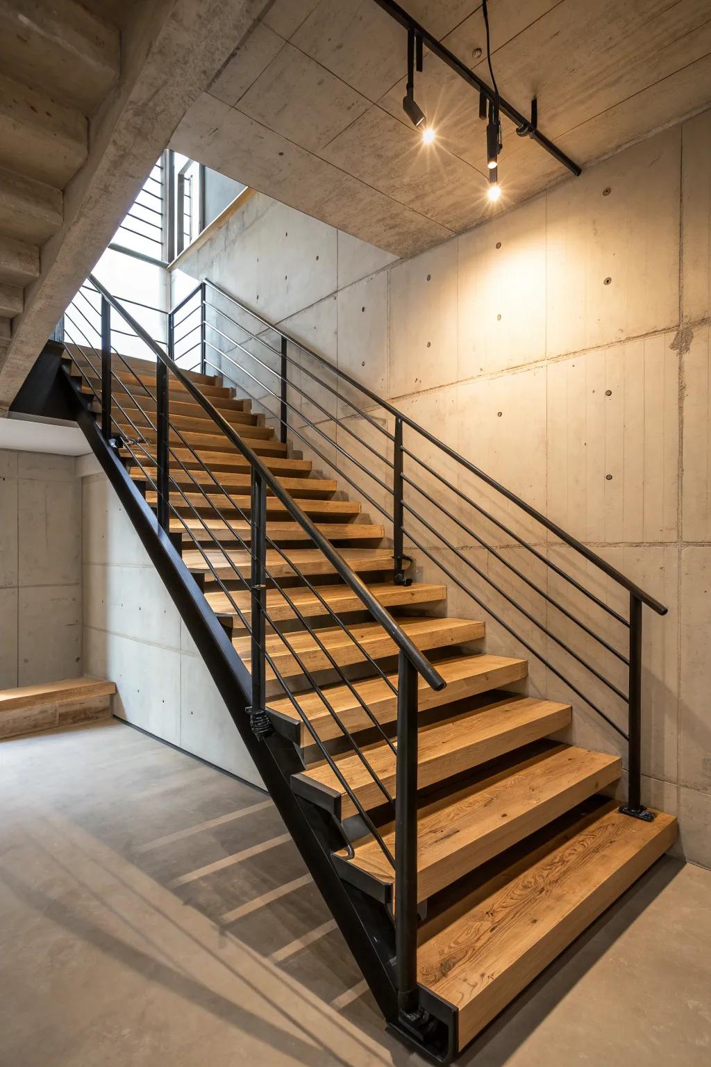 Transform your space with sleek railings: A modern twist on unfinished basement stairs.