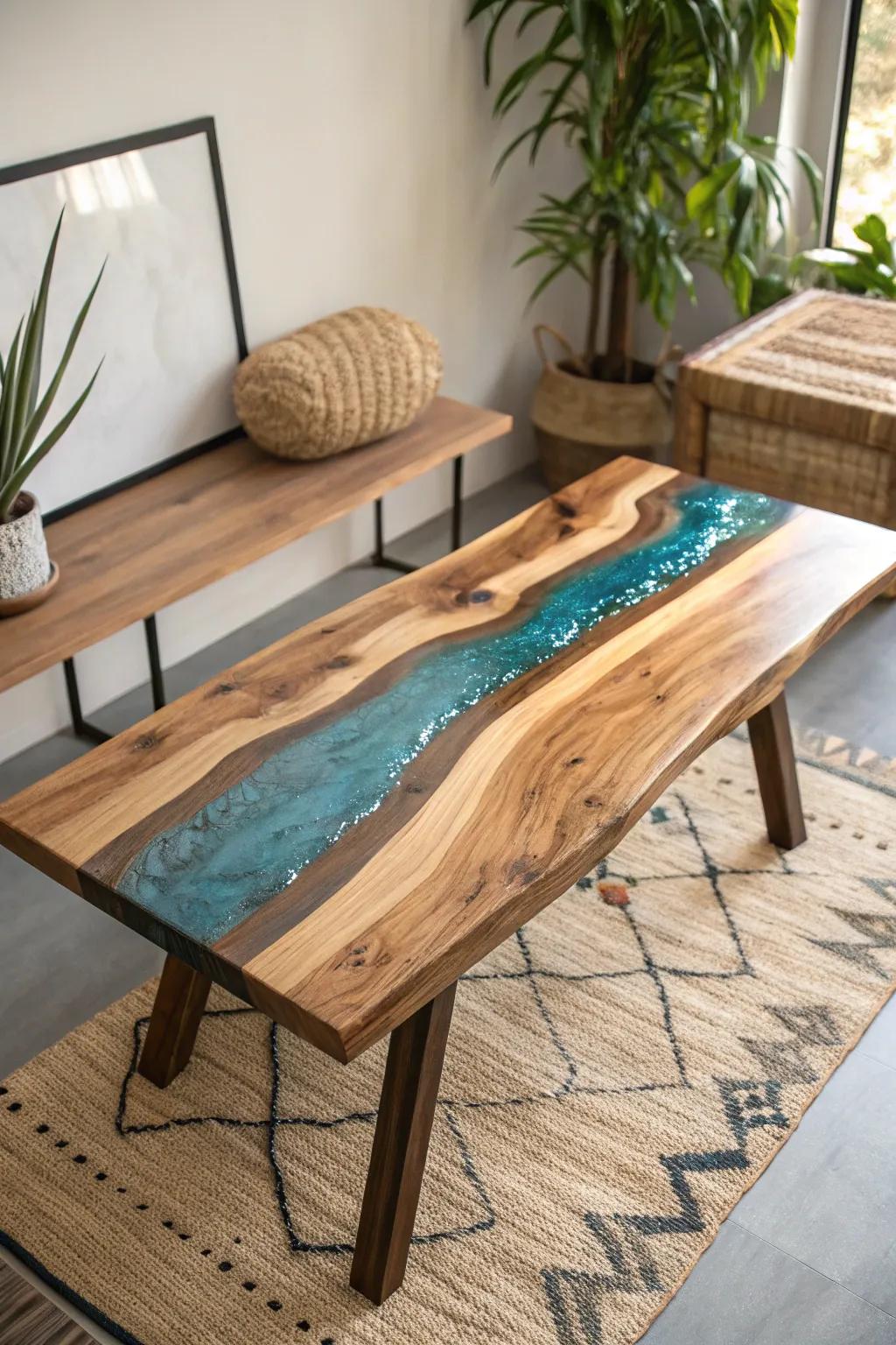 Capture the essence of nature with this stunning rustic river table, where craftsmanship meets natural beauty.