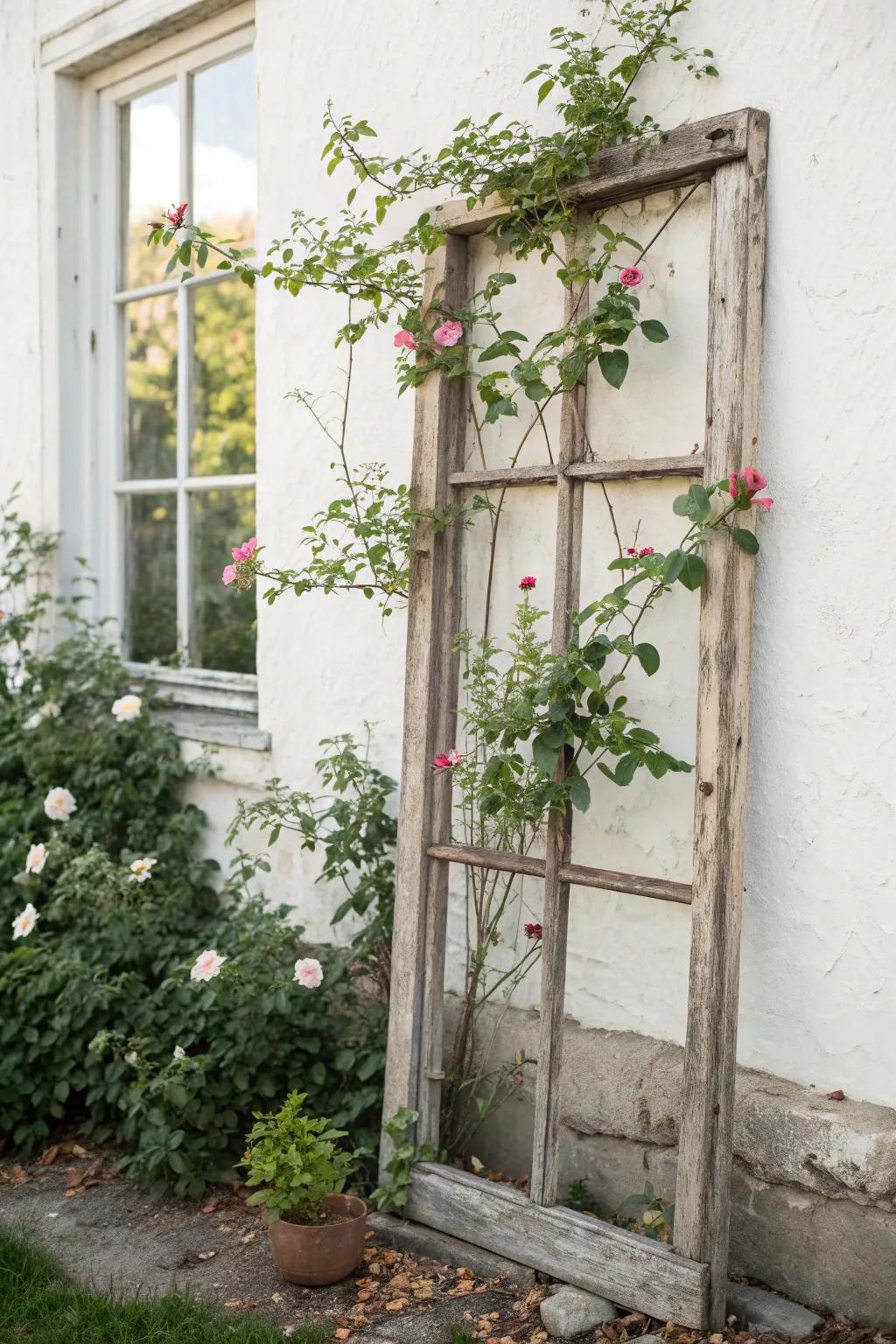 Transform vintage charm into garden elegance with a window frame trellis.