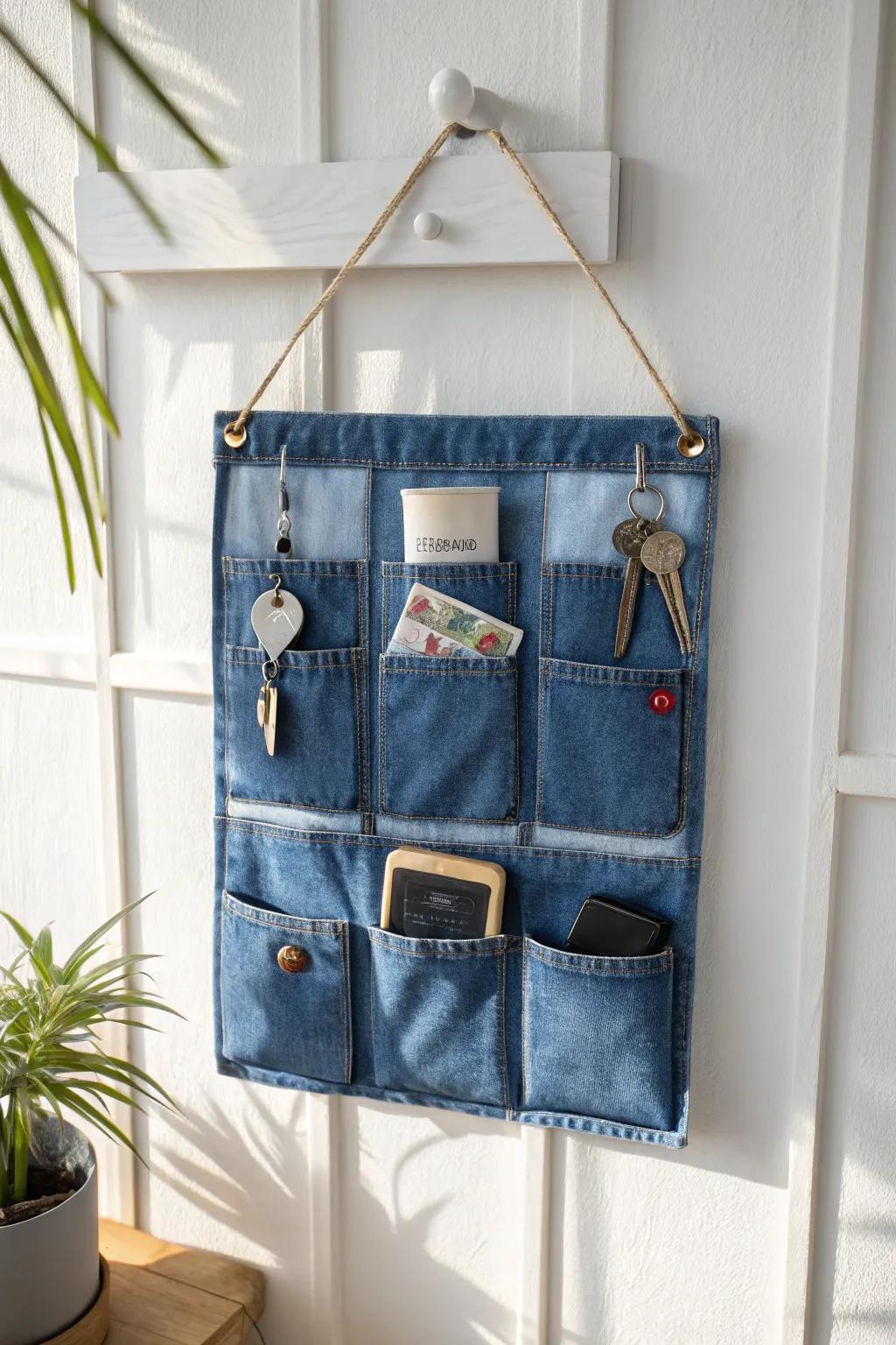 Elevate your entryway with a chic denim wall organizer crafted from upcycled jeans pockets—where sustainability meets Scandinavian style!