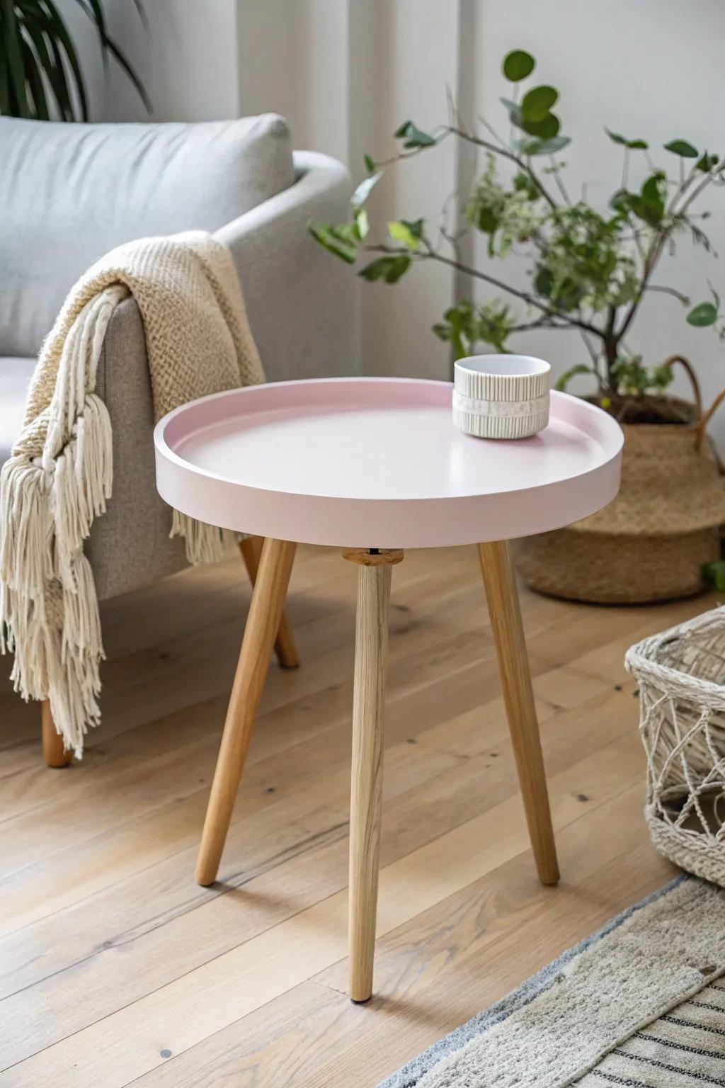 Transform a simple cake pan into a stylish mid-century modern side table, blending minimalist elegance with functional beauty.