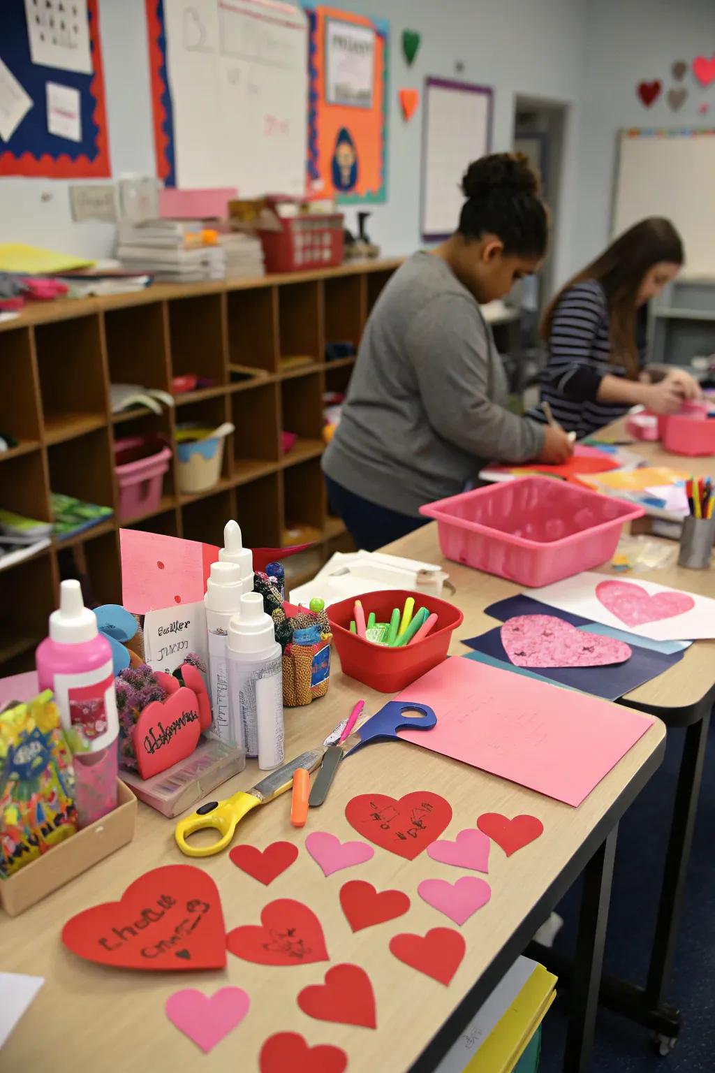 A creative corner where students craft their own Valentine's Day decorations.