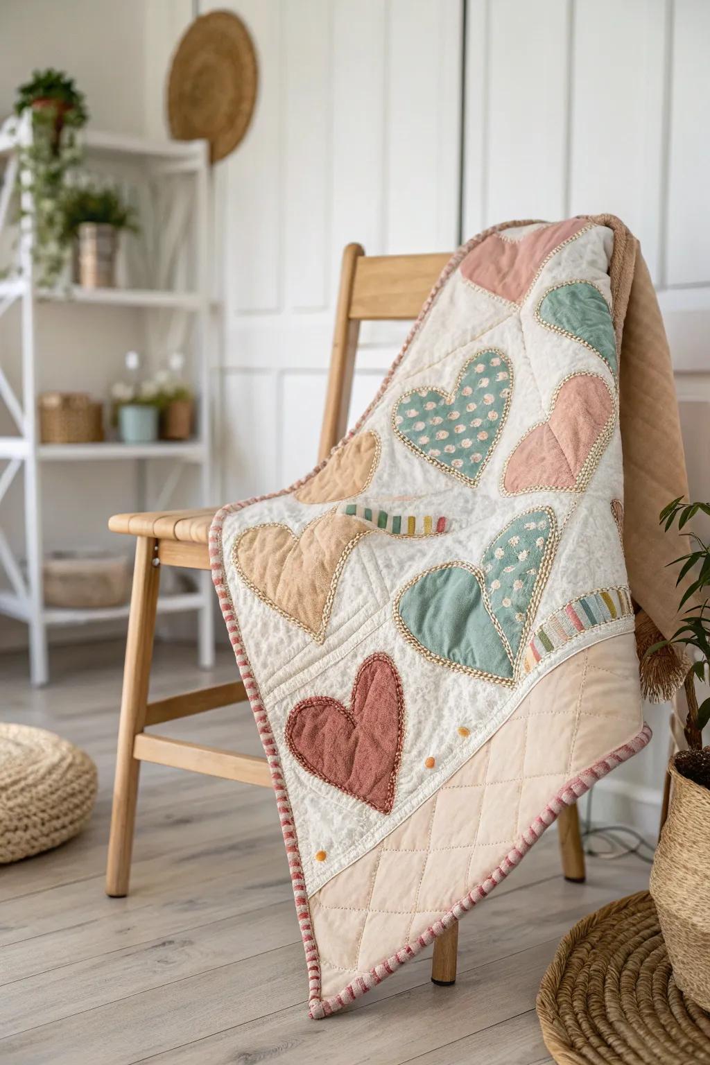 Wrap yourself in warmth and love with this stunning patchwork heart quilt, a perfect blend of simplicity and craftsmanship.