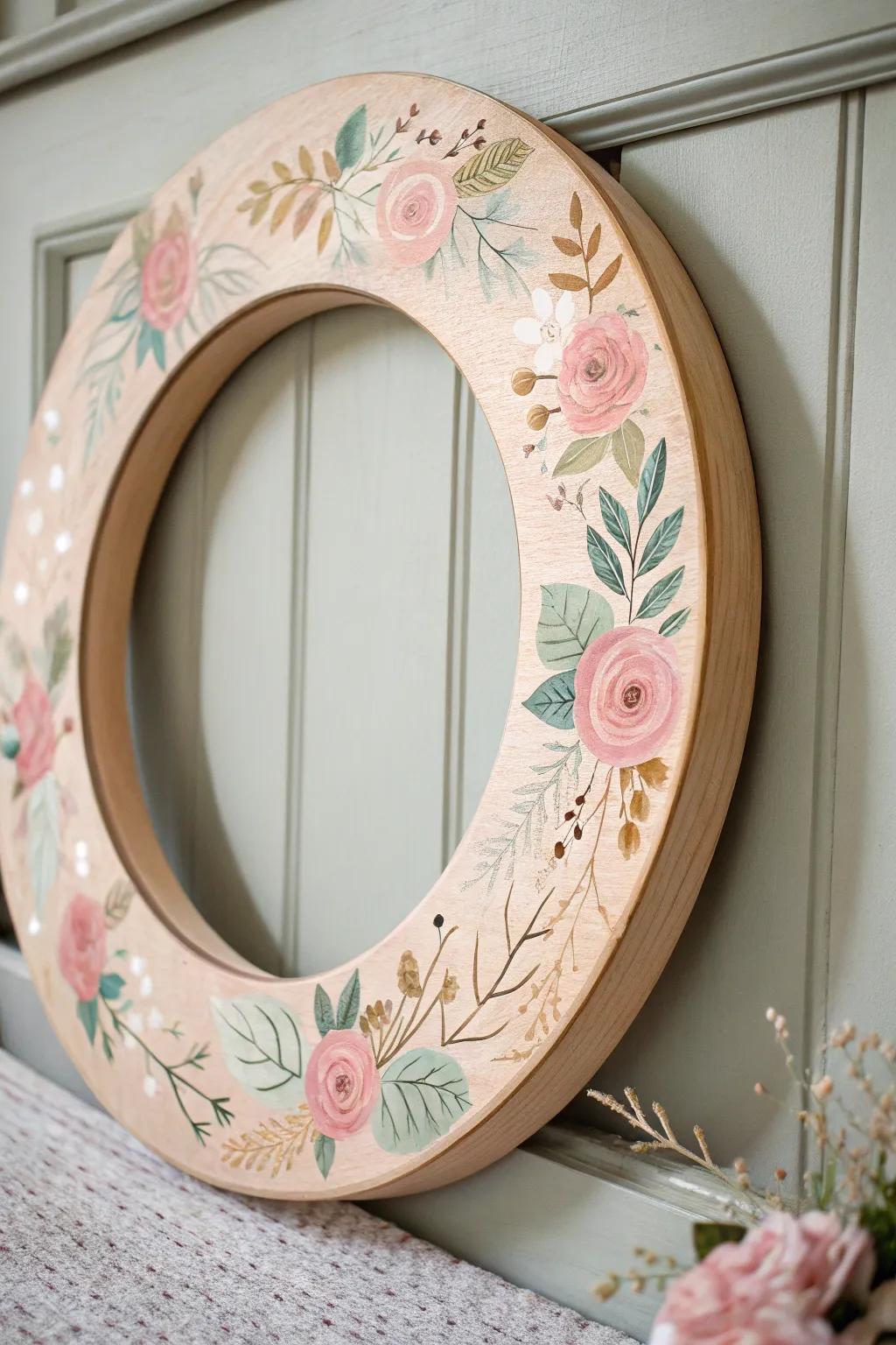 Embrace the gentle transition from Valentine's Day to spring with this Floral Painted Wood Circle wreath, a perfect blend of minimalist charm and boho elegance.