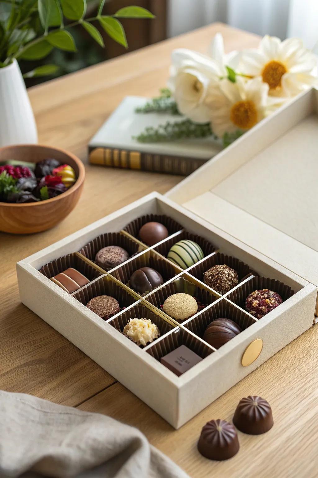 Indulge in the art of gifting with a gourmet chocolate box, where Scandinavian simplicity meets exotic flavors for a perfect Valentine's surprise.