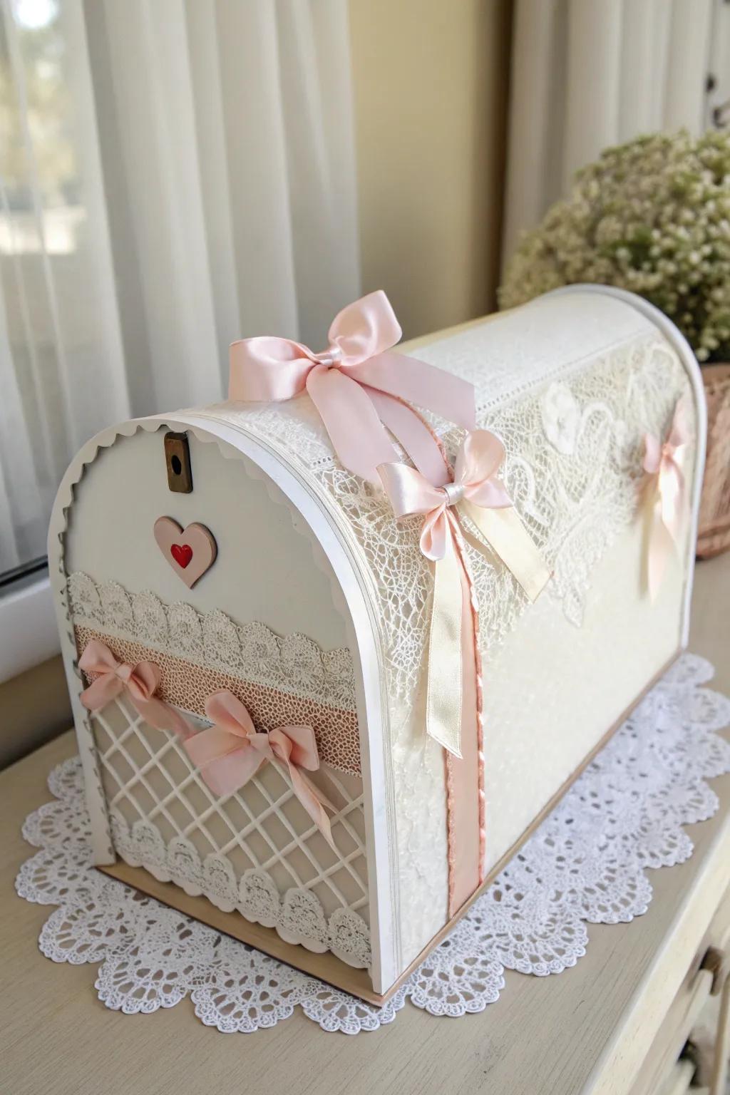Transform your Valentine's mailbox into a charming masterpiece with lace and bows.