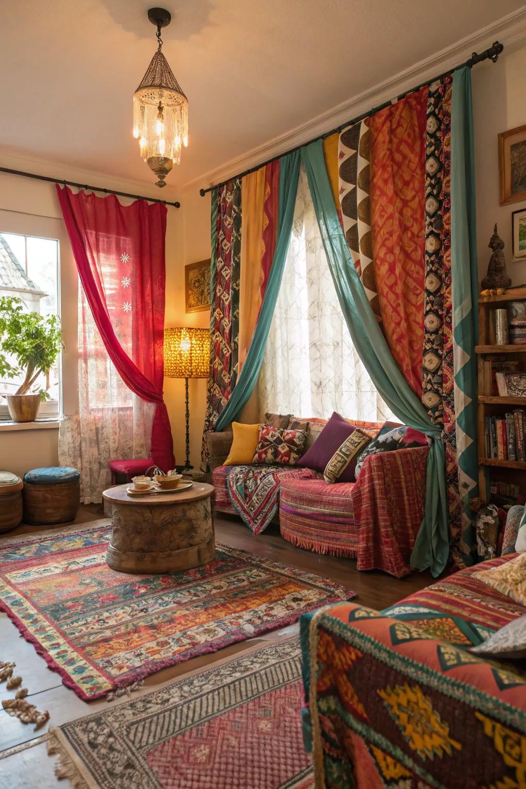 Eclectic and vibrant curtains bring bohemian charm.