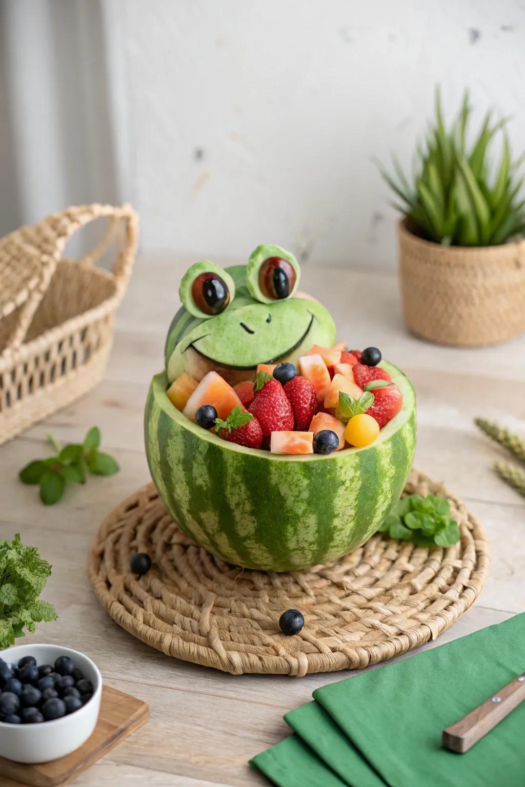 Leap into creativity with this delightful Frog Prince Watermelon Basket, a perfect blend of fun and elegance!