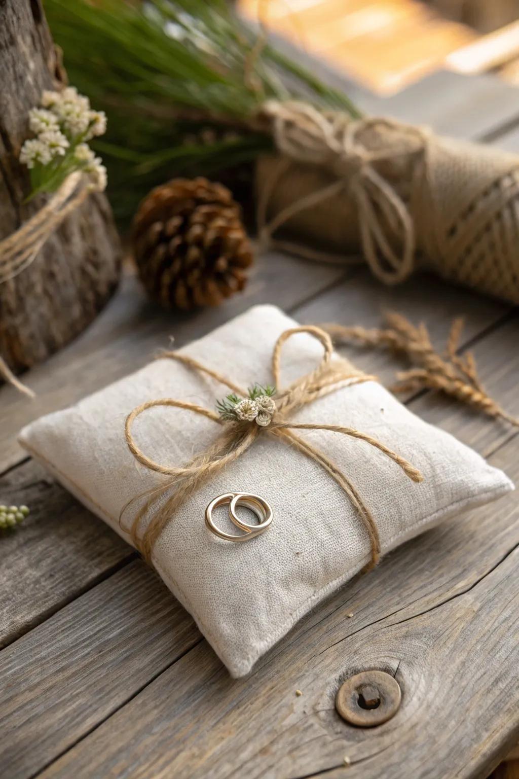 A minimalist natural linen wedding ring pillow with twine.